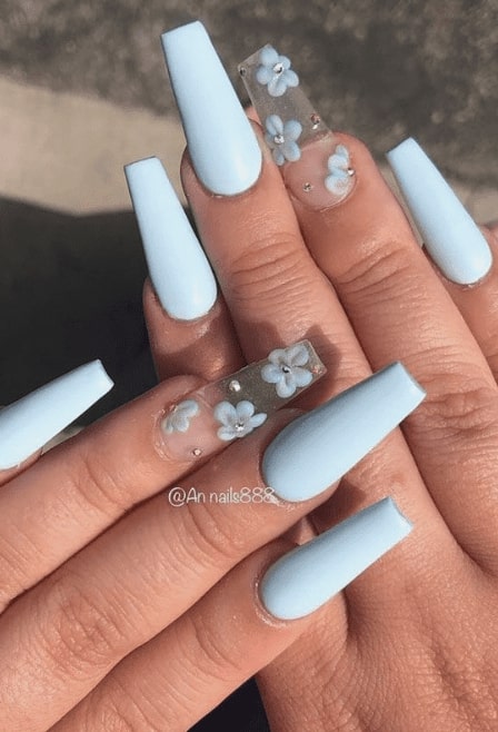baby blue nails with flowers